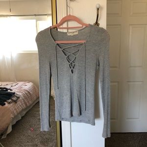 Grey ribbed lace up tee